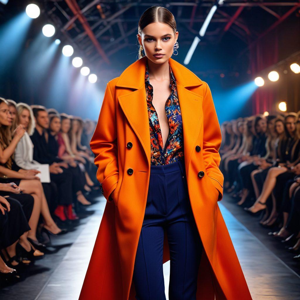 A stylish fashion model standing confidently on a bustling runway, holding a sleek portfolio filled with stunning photographs showcasing diverse looks and styles. The background is adorned with flashes of cameras and an audience captivated by the display. The scene captures the transformation from the glamour of the runway to the tangible reality of modeling success. super-realistic. vibrant colors. dynamic lighting.