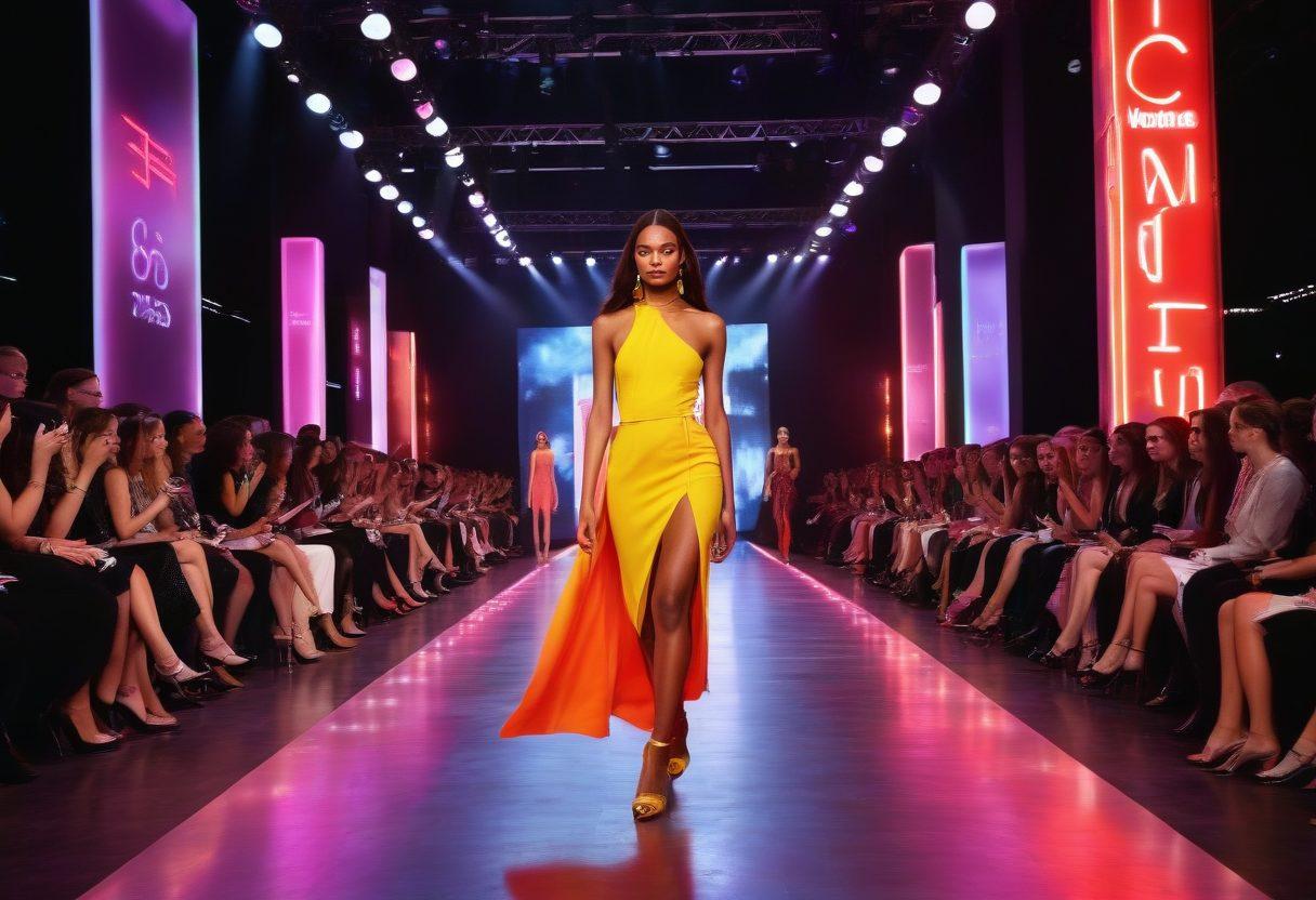 A glamorous fashion modeling scene showcasing diverse models strutting down a runway, surrounded by vibrant lights and an eager audience. In the background, an oversized neon sign reading 'Secrets to Success' glows, with elements like a stylish magazine, a pair of high heels, and a makeup kit scattered around. Capture the energy and excitement of the fashion industry. super-realistic. vibrant colors. dynamic composition.